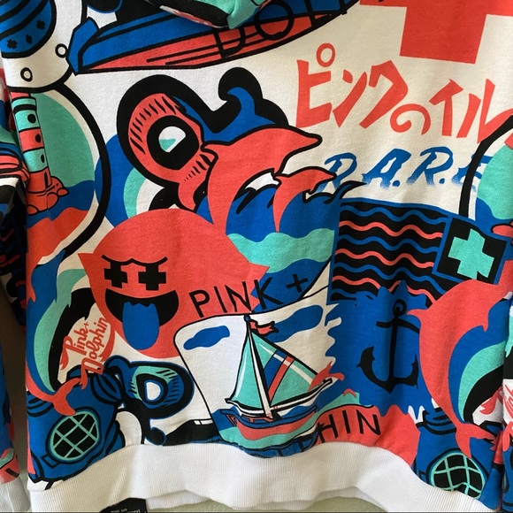 pink + dolphin graphic all over print hoodie sweatshirt womens medium - Picture 3 of 8